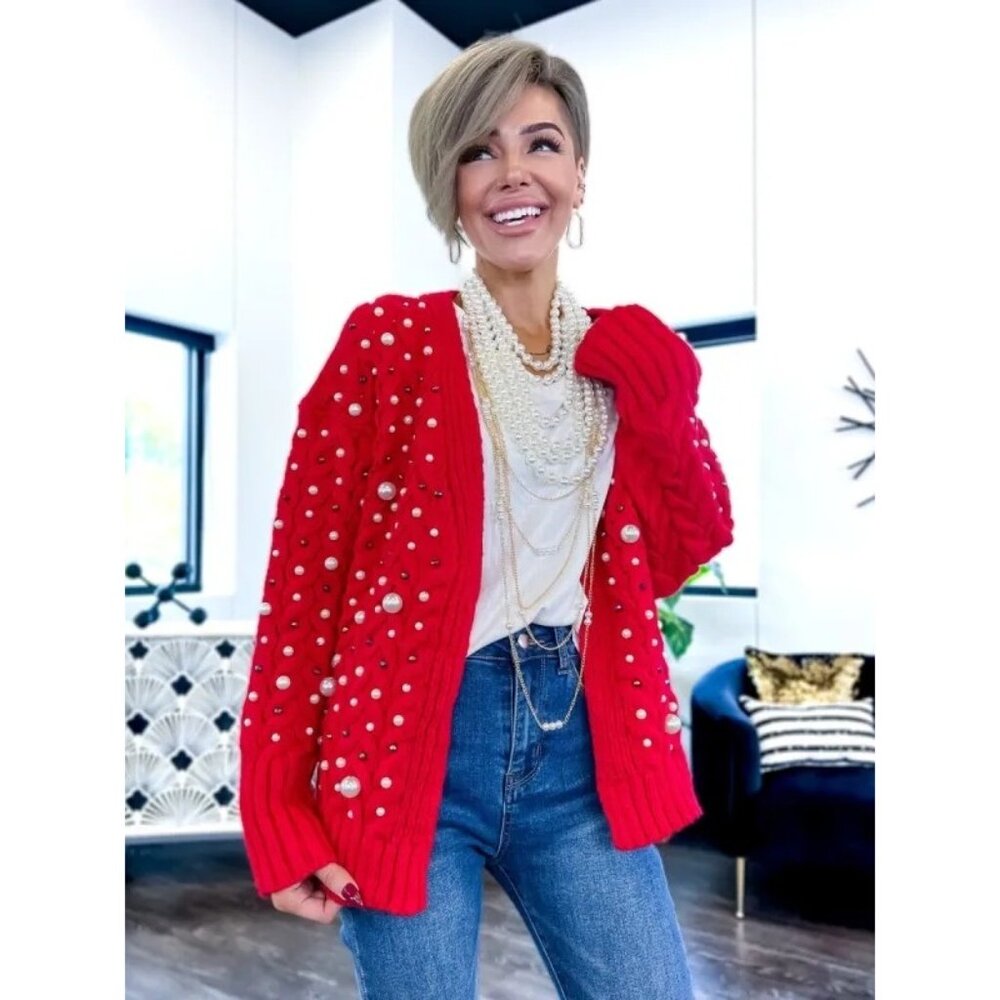 BiBi Red Beaded & Pearl Embellished Cable Knit Cardigan Sweater size XL open